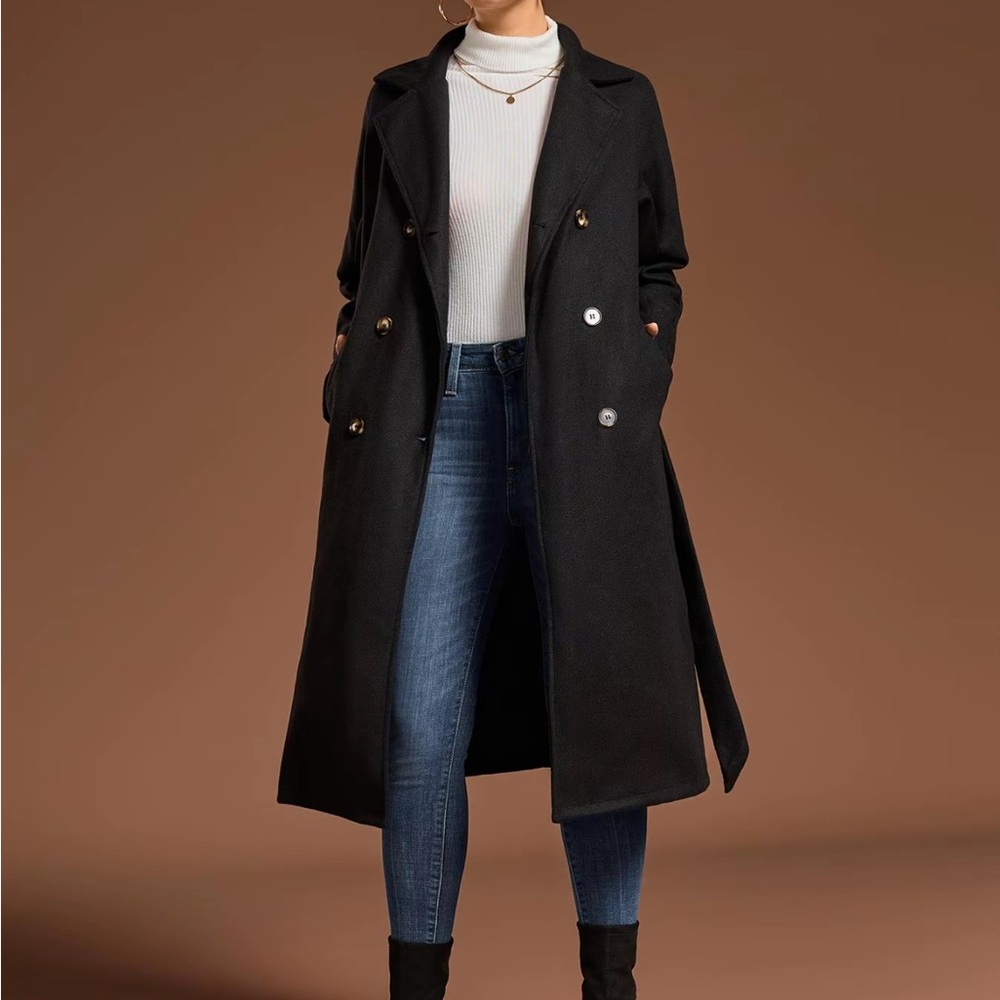 Black Belted Double Breasted Long Trench Coat